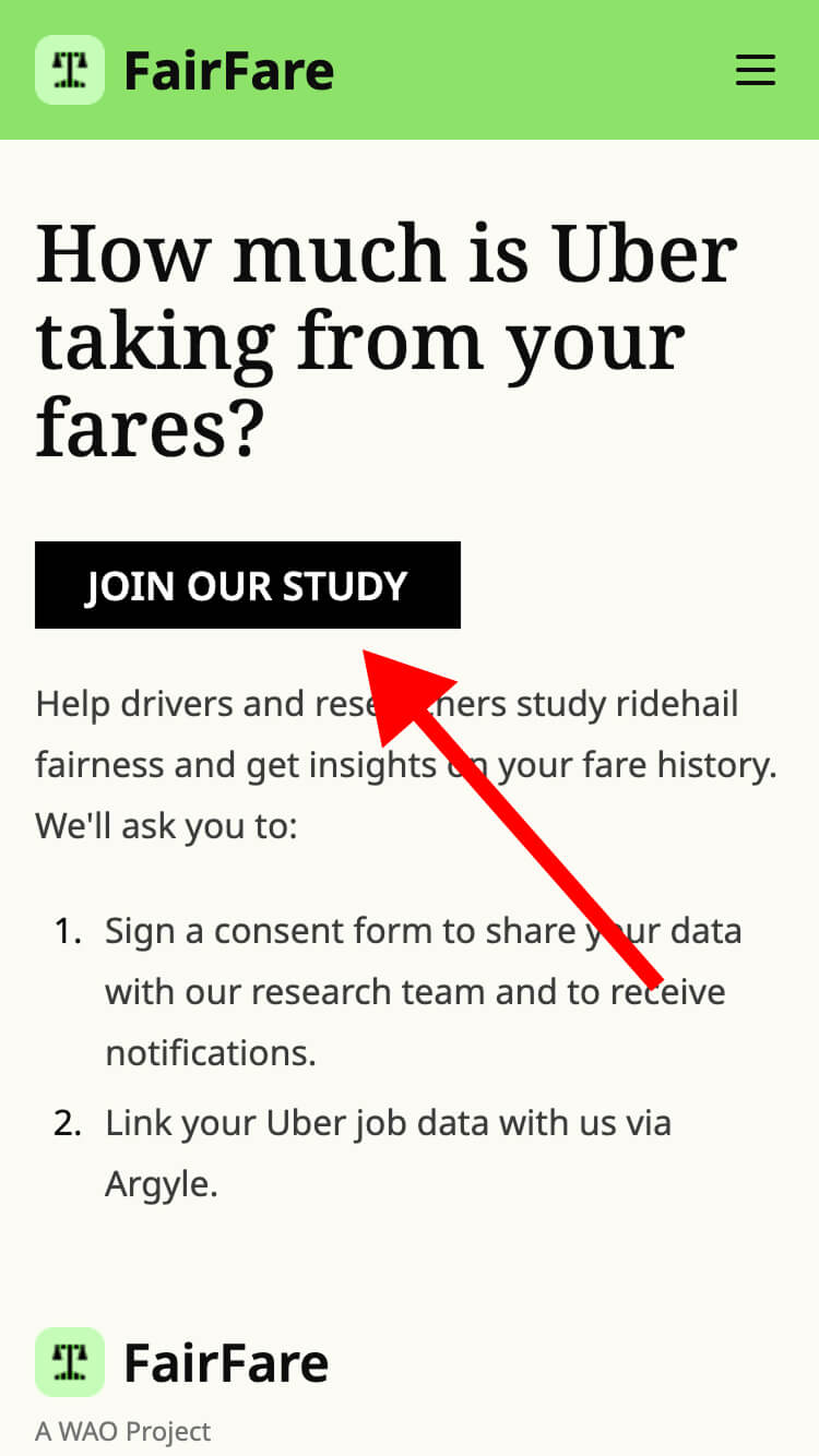 A screenshot of the Fairfare interface with a red arrow pointing at the 'Join Our Study' button.